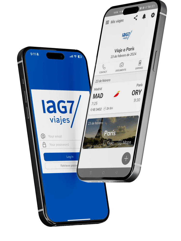 IAG7 Viajes app-aren mockup-a bi smartphonetan: sarbide-pantaila eta Pariserako bidaiaren xehetasuna.
