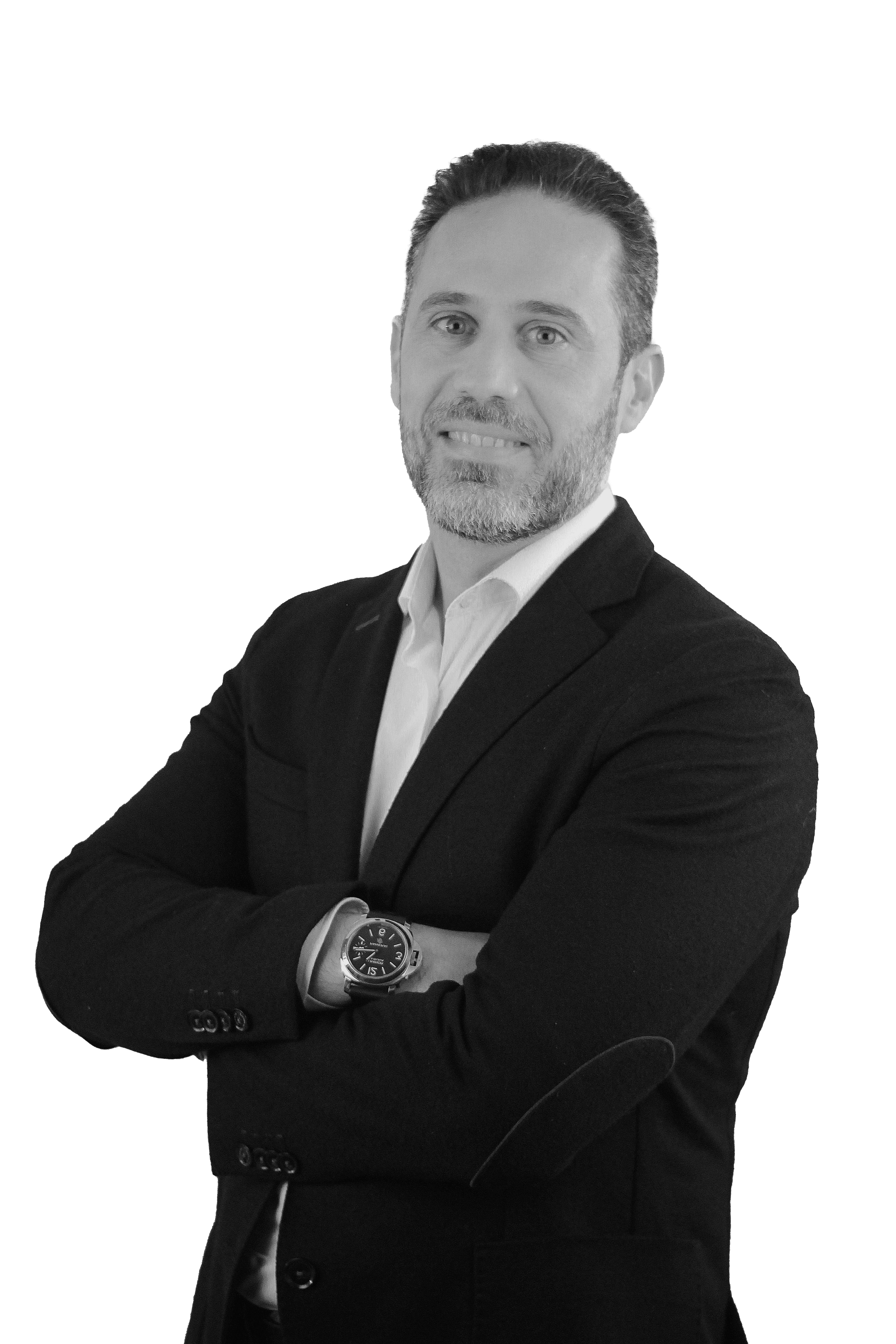 Retrato en branco e negro de Diego González, Director Comerciao de IAG7 Business Travel.
