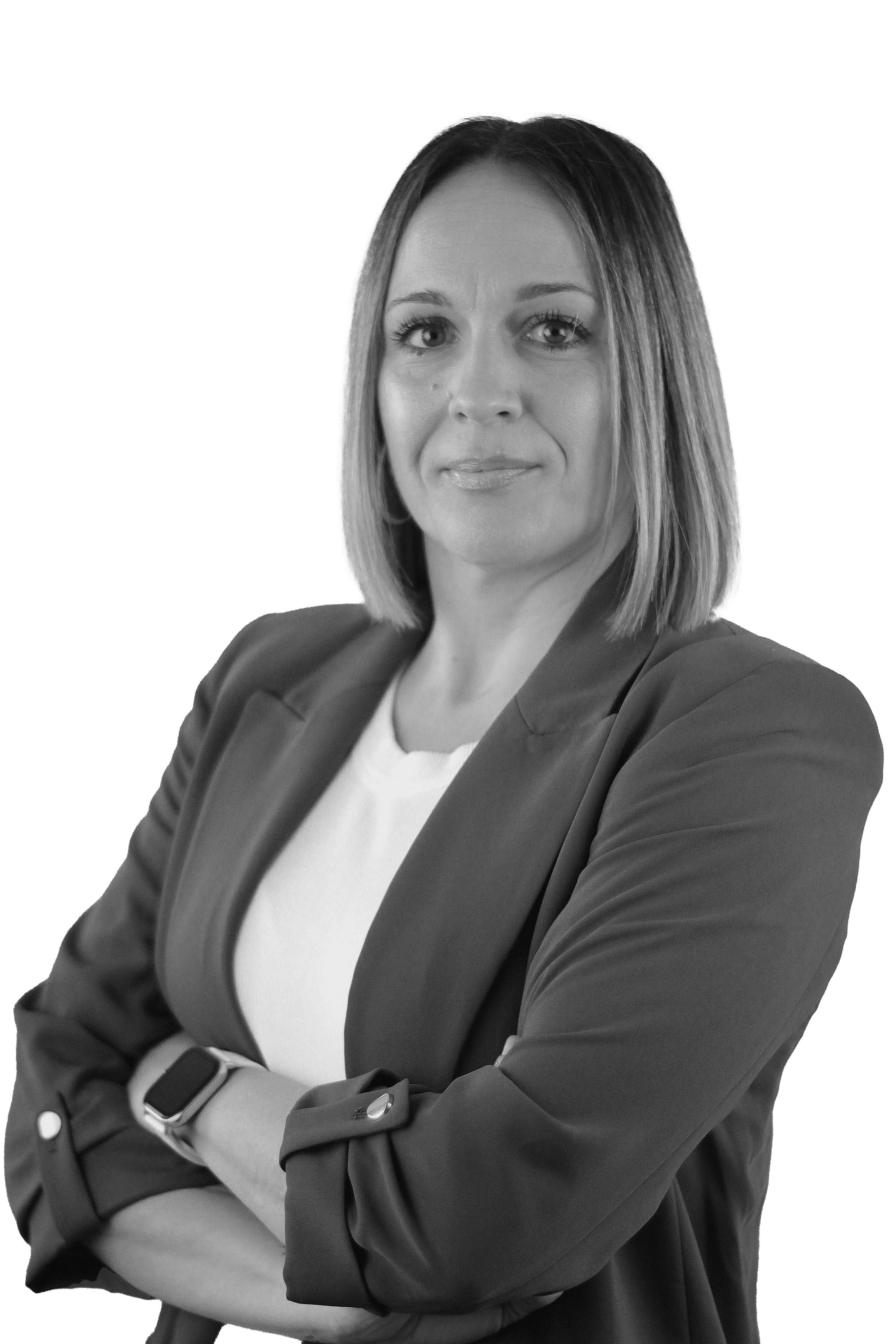 Retrato en blanco y negro de Esther de Nova, Responsable IntegraIAV de IAG7 Business Travel.