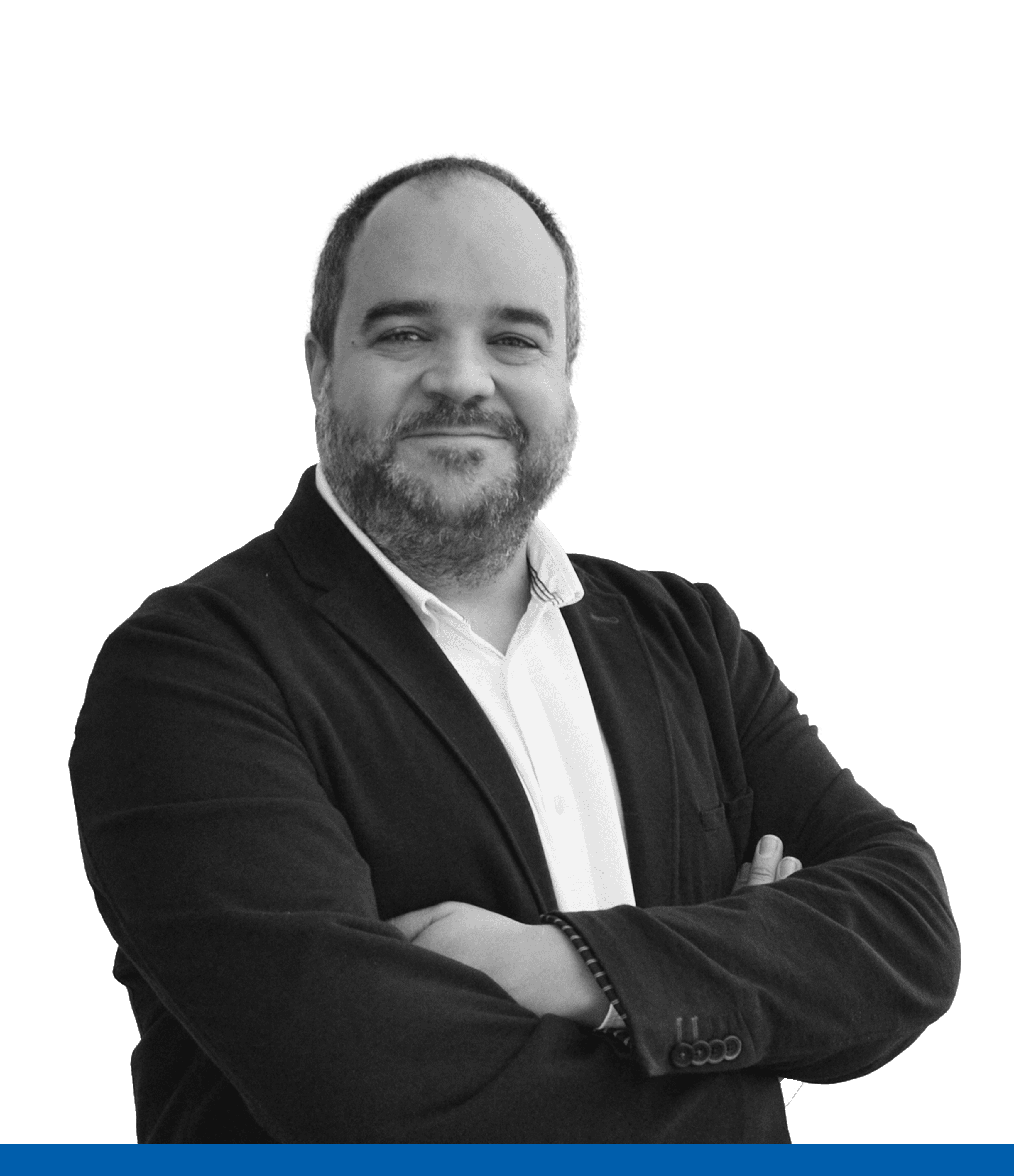 Xavier Espinosaren erretratua zuri-beltzean, IAG7 Viajesen BCN Meetings Team Leader.