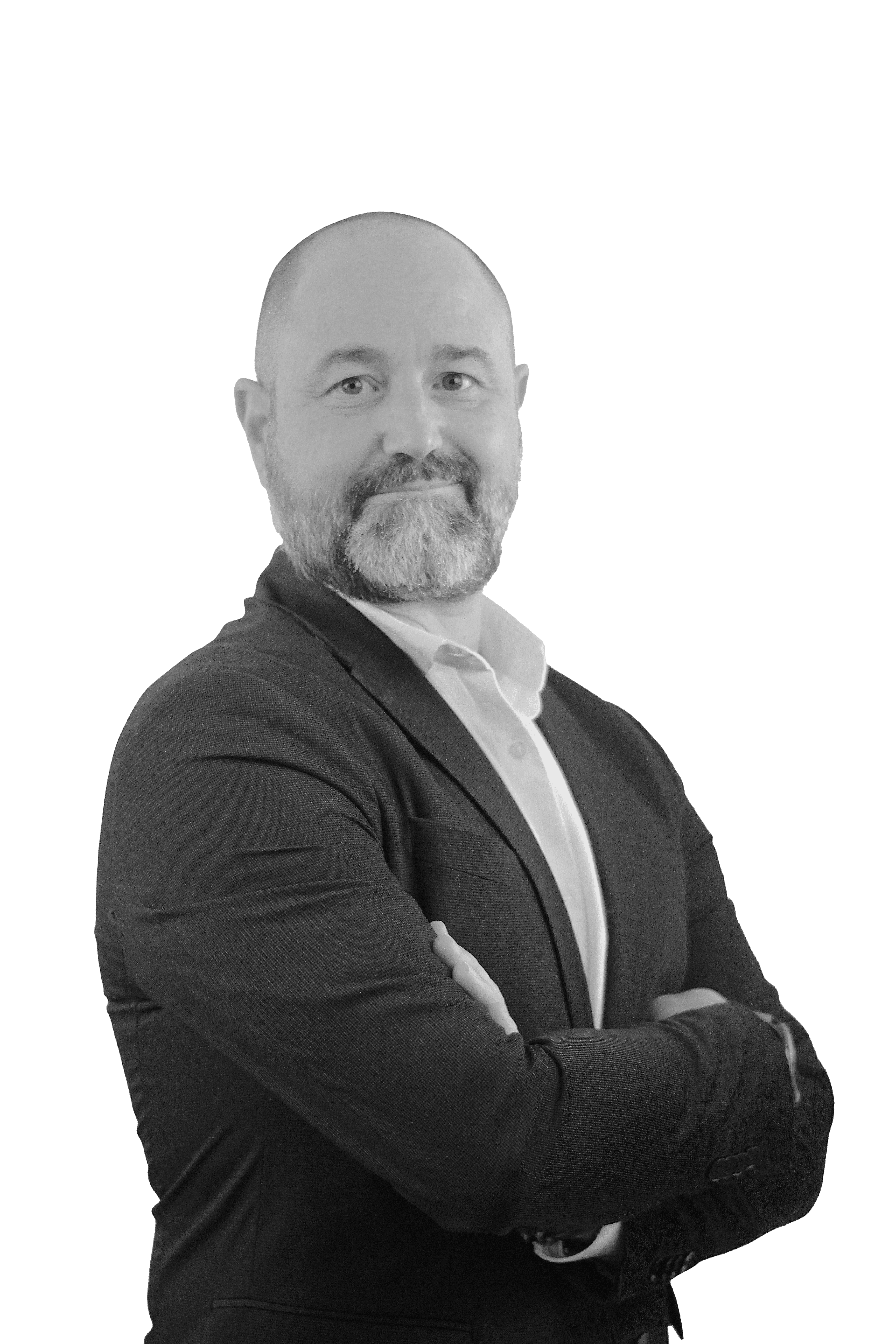 Retrato en branco e negro de David de Guzmán, Director da Área Xurídica e Financeira de IAG7 Viajes.
